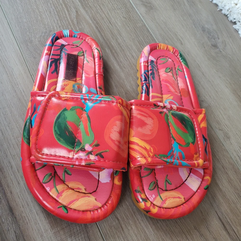 FARM Rio Red Floral Slide Sandals with Green Accents